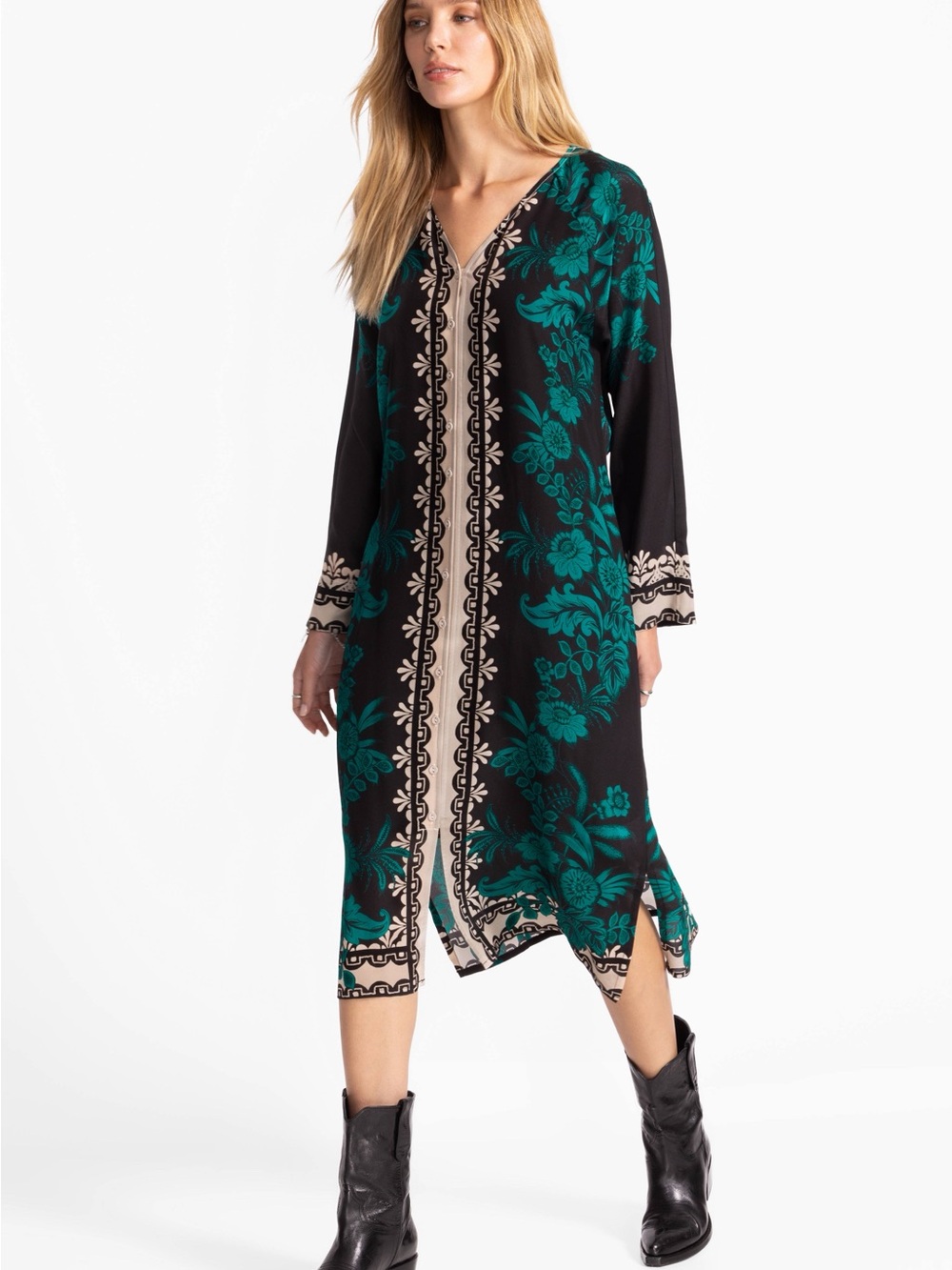 Johnny Was Herta Silk V-Neck Midi Dress Long Sleeve Button Front Boho Style
